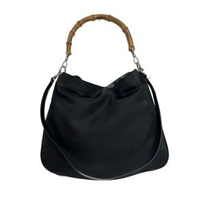 Gucci Black Nylon Two Way Shoulder Bag Bamboo Handle Authentic Tote bag